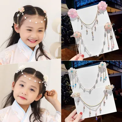 Chinese Style Children's Flower Hairpin Long Chain Retro Hanfu Tassel