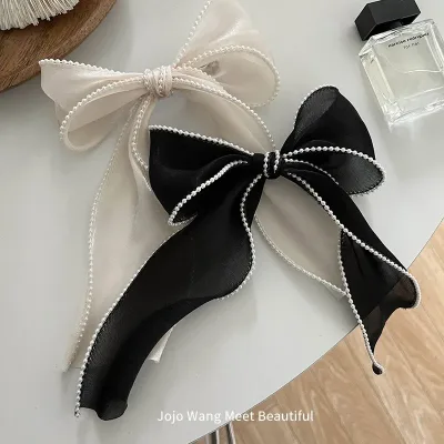 Pearlescent Fabric~Pearl Streamer Hair Tie Bowknot Hairpin Female Bangs Clip Headdress Hair Accessories Girl Korean New 