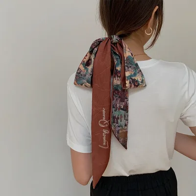 Luxury Printed Silk Hair Scarf Long Ribbon Foulard Bandana