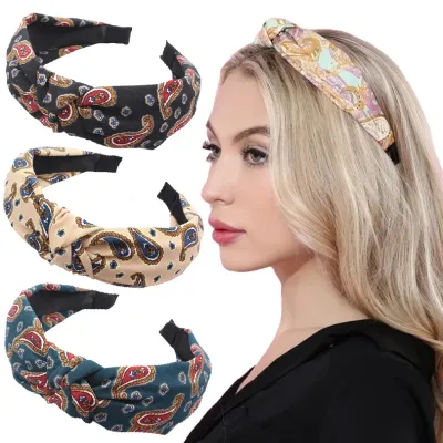 Top Knot Headbands for Women Girls Hairband Cashew Flower Bezel Hair Accessories Wide Print Hair Hoop Bands Tie Female H