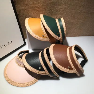 New Wholesale Women Woven Raffia Sun Visors PU Leather Patchwork Natural Straw Beach Cap Ladies Wide Brim Roll-up Sun Ha