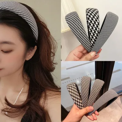New Fashion Women Hair Accessories Hairbands 4CM Wide Side Classic Houndstooth Headband Thick Casual Headwear Adult Hair