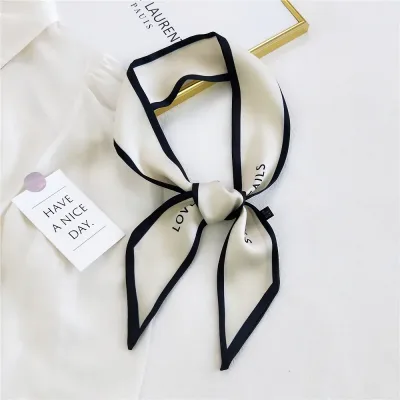 Women Hair Scarf Fashion Narrow Long Scarf Elegant Satin Silk Bow Tie Letter Print Bag Ribbon Headband Scarves Foulard C