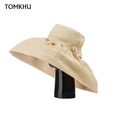 European American Retro Hepburn Style High Quality Raffia Fabric Wide Brim Bow Top Hat Fedora Catwalk Fashion Dinner Bea