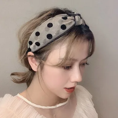 Korean Hairband Vintage Dot Lace Wide Bezel Bow Hair Bands Women For Hair Accessories Top Knotted Hair Hoop Elastic Head