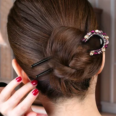 Crystal U-Shape Hair Stick Rhinestone Flower Comb Vintage Hairpin