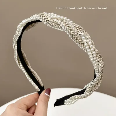 French Pearl Braided Bezel Hair Band Elegant Women's Pure Color Pleated Headband Fashionable Girl's Hair Hoop Hair Acces