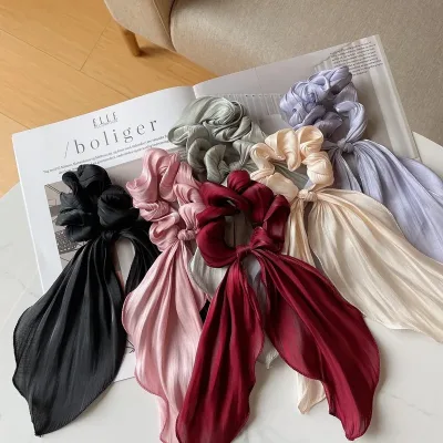 Satin Bow Long Ribbon Scrunchies Elastic Hair Bands Women Girls Ponytail Holder Hair Ties Solid Headband Hair Accessorie