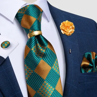Teal Green Orange Plaid Tie Set 8cm Cufflinks Hanky Ring Brooch Men