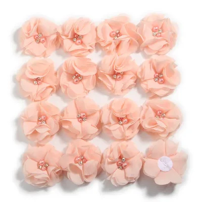 100PCS 5.5cm 2" Pearl Rhinestone Center Chiffon Hair Flower For Hair Accessories Hand Sewing Flower Boutique For Baby He