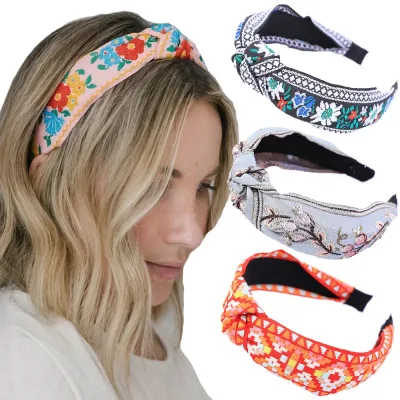 New Retro Knotted Headband For Women Hair Accessories Girls Flower Embroidery Elastic Hairbands Hair Hoops Band Headwear
