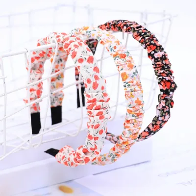 Flower Print Pleated Turban Headband Bezel Elastic Bow Women Girls