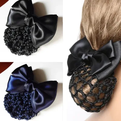 Professional Fashion Women Bow Barrette Hair Clip Cover Bowknot Bun Net Snood Hairnet Styling Accessory Office Worker He