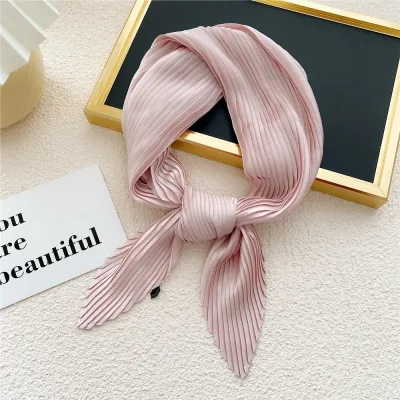 Pleated Women Satin Scarf Neckerchief Ribbon Square Skinny Hair Tie Band Kerchief Satin Foulard Scarves Decorative Heads