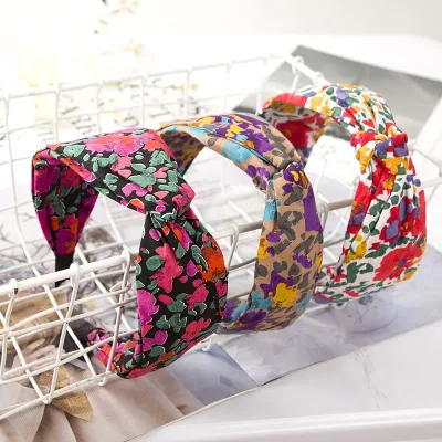 Flower Print Knotted Headbands Bezel Turban Elastic Cross Bow Hairbands for Women Hair Hoop Bands Girls Hair Accessories