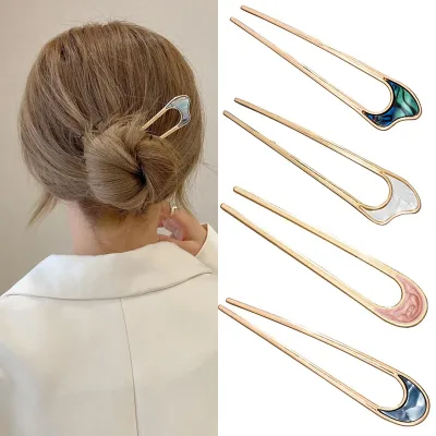 Trendy Metal U Shape Hair Stick Ponytail Holder Hair Accessories For Women Silver Gold Color Simple Shell Korean Forks H