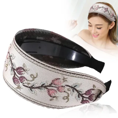 Retro French Embroidered Flower Wide Headband Non-Slip Toothed