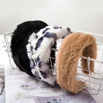 Leopard Print Plush Velvet Wide Headband Winter Girls Women