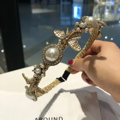 Retro Baroque Bee Designer Headbands Hairband for Women Girls Hair Band Head Hoop Female Flower Pearl Headwear Hair Acce