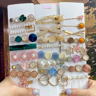 Pearl Rhinestone Flower Geometric Hairpin Barrette Women Girls