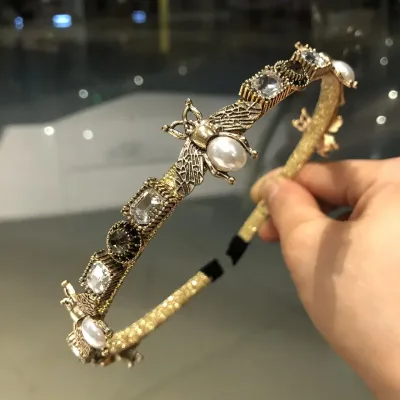 Retro Baroque Bee Designer Headbands for Women Girls Hairband Hair Band Hoop Crystal Rhinestone Pearl Headwear Hair Acce