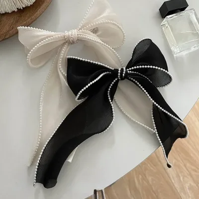 Pearl Chiffon Bow Hair Clips for Women