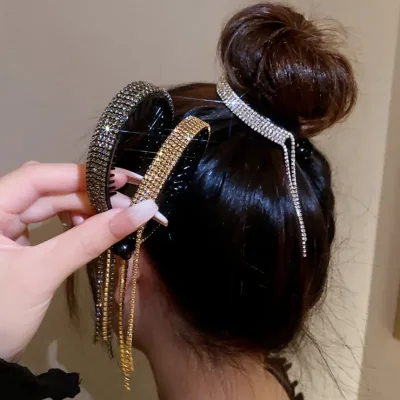 New Women Elegant Luxury Rhinestone Tassel Ponytail Hair Claws Lady Sweet Meatball Hair Clips Headband Fashion Hair Acce