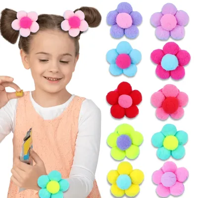 Fur Flower Plush Pompom Elastic Hair Tie Ponytail Holder 2-Pack