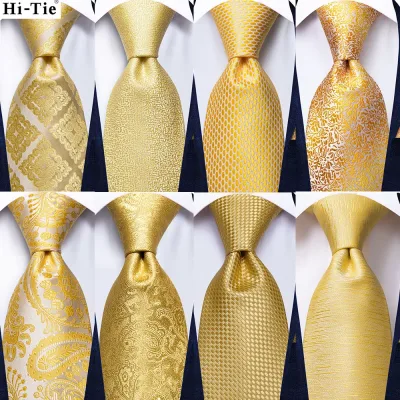 Hi-Tie Yellow Gold Plaid Paisley Silk Necktie Luxury Wedding Business