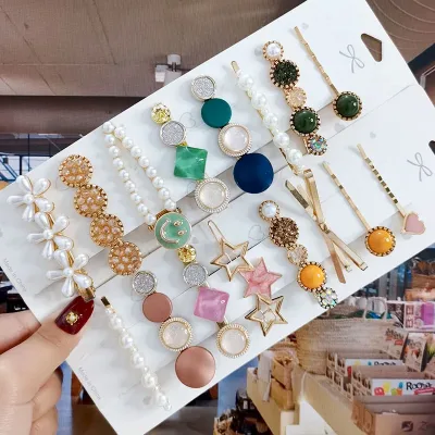 8Pcs/Set Pearl Crystal Acrylic Hair Clips Set For Women Retro Geometric Barrettes Hairpin Girl Hair Accessories Fashion 