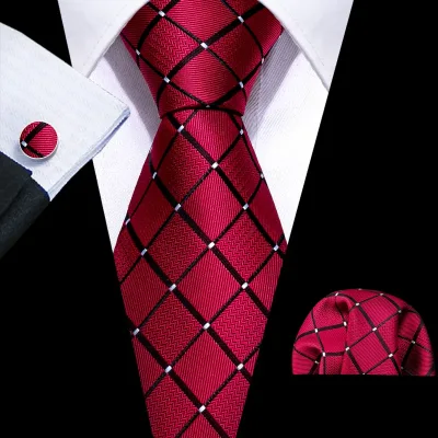 Fashion Red Plaid Men Tie Set 8.5cm Silk Jacquard Neckties Wedding Business Handkerchief Cufflink Tie Set Barry.Wang FA-