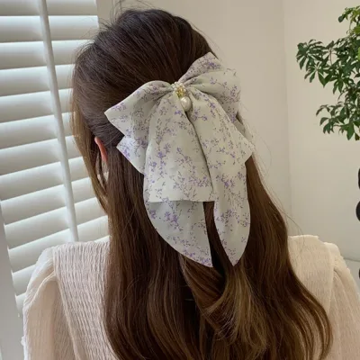 Ladies Bow Hair Accessories Fashion Hairgrip Chiffon Ribbon Hairpins Spring Ponytail Barrettes Pearls Women Girls Hair C