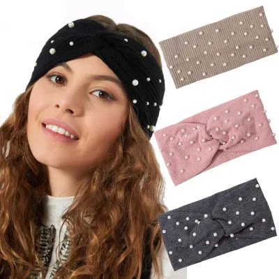 Bow Women's Headbands Pearls Head Bands Knitted Turban Bandana Autumn Winter Elastic Hairband Warm Hair Accessories Head