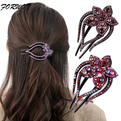 FORWOT Rhinestone Hairpin Flower Duckbill Hair Claws Clips Retro Barrettes For Women Shinning Ponytail Hair Accessories 