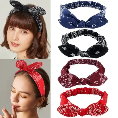 Boho Bow Headbands for Women Vintage Paisley Bandana Flower Printed Hairband Elastic Rabbit ear Head Wrap Cute Hair Acce
