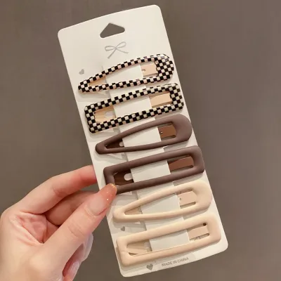 6pcs Korean Style Matt Brown Plaid Bobby Pins Set Fashion Water Drop Geometric Hairpins Women Solid Hair Clips Side Hair