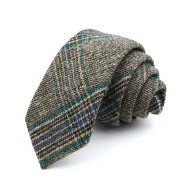 Classic Brown Grey Plaid Cashmere Wool Slim Tie for Men