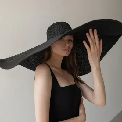 70cm Oversized  Wide Brim Sun Hat Travel  Large UV Protection Beach Straw Hats Women's Summer Floppy Foldable Chapeaux W