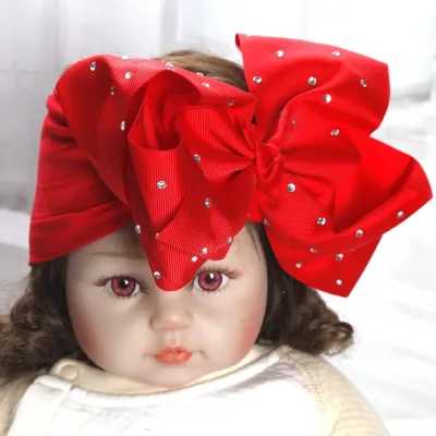 8inch bows Rhinestone Nylon Headbands Baby Girls Kids Soft Bows Knot Turban Hair Bands Baby Hair Accessories Children He