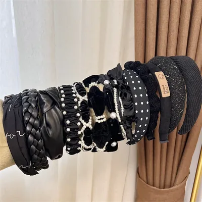 Velvet Pearl Cross Leather Braided Hairband Women Wide