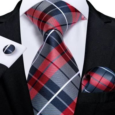 Classic Plaid Check Red Blue White Striped Silk Ties For Men Business Wedding Men's Neck Tie Handkerchief Cufflinks Gift