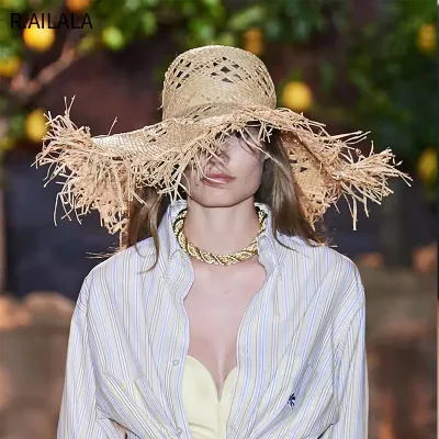 New Women Summer Natural Raffia Hat Girl Fashion Ribbon Floppy Shading Panama Wide Brim Sun Hats Vacation Travel Beach S