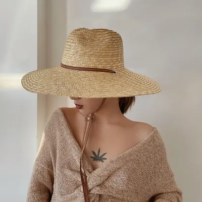 New 2024 Belt Strap Straw Sun Hat For Women Fashion Vacation Beach UV Hats Summer Wide Brim Travel Panama Hats Outdoor W