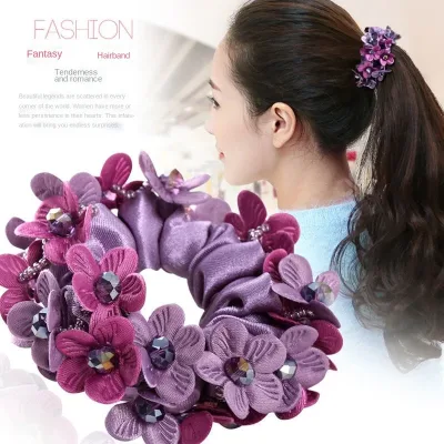 Elegant Large Flower Scrunchie  Pearl Crystal Hair Ring Rubber Band Bun Fabric Elastique Scrunchie  Korean Accessories  
