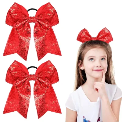 8 Inch Girls Sequin Jumbo Cheerleading Bow Elastic Hair Bands Cheerleader Hair Bow with Ponytail Holder Women Hair Acces