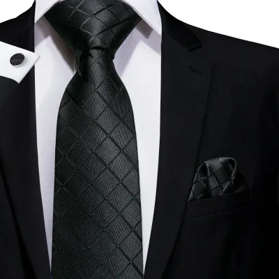 Black Solid Plaid Silk Wedding Tie For Men Handky Cufflink Gift Mens Necktie Fashion Design Business Party Dropshiping H