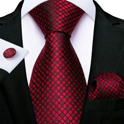 Luxury Plaid Red Silk Ties For Men Business Wedding Accessories Men's Neck Tie Handkerchief Cufflinks Gift For Men Drops