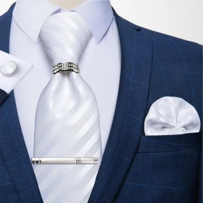 White Striped Men's Tie Set Wedding Accessories Ties For Men Tie Clip Tie Ring Handkerchief Cufflinks Gifts For Men Drop