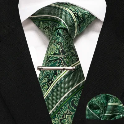 Green Black Plaid Stripe Neck Tie for Men Fashion Silk Wedding Tie Hanky Cufflink Set Gift Men's Tie  Business Party Acc