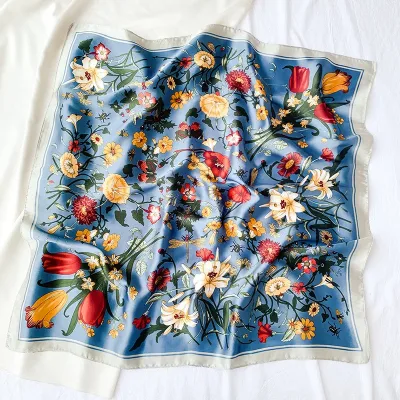 2021 Vintage Neckerchief Female Headscarf Hijab Hair Wrap Satin Print Silk Shawl Headband Square Scarf For Women Foulard